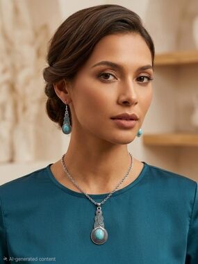 Silver-Tone Turquoise Teardrop Pendant Necklace and Earrings Set
